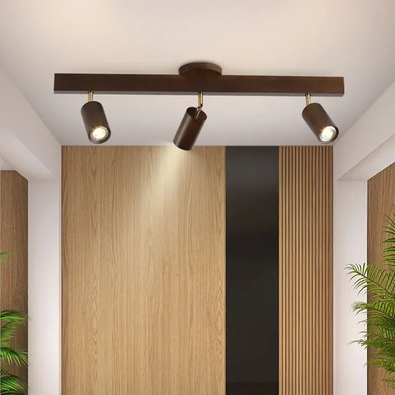 Hallway with LUXELY wood grain LED spotlight, combining natural wood aesthetics and efficient lighting for Scandinavian interiors.