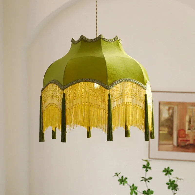 Velvet tassel chandelier - green vintage pendant light with gold fringe, ideal for dining room or living room vintage decor.