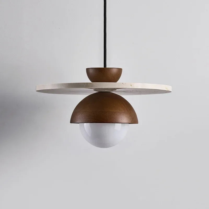 Elegant walnut wood pendant with white stone disc and LED bulb, minimalist lighting for bedrooms or dining areas.