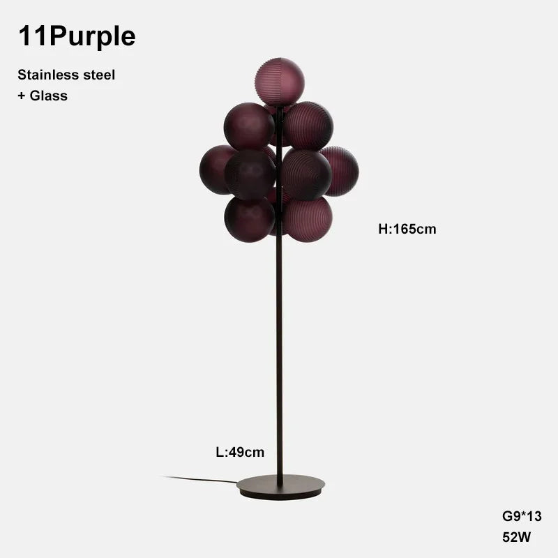 Purple Grape LED floor lamp with 13 glass globes, 165cm tall, made of stainless steel and glass for modern interior lighting.