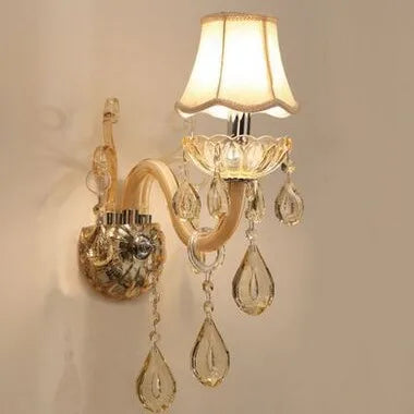 LED Glass Sconce - Single-arm Modern Crystal Wall Lamp with gold finish and hanging glass droplets, perfect for elegant hallway or garden lighting.