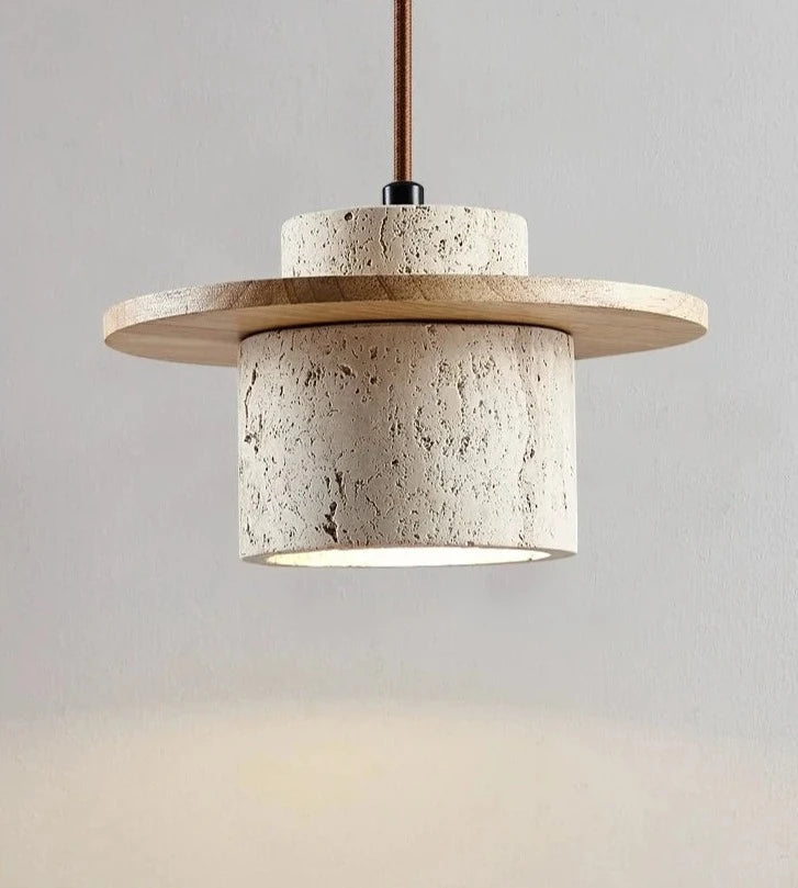 Minimalist travertine pendant light by LUXELY with light wood disc, ideal for Japanese-inspired home and garden lighting.