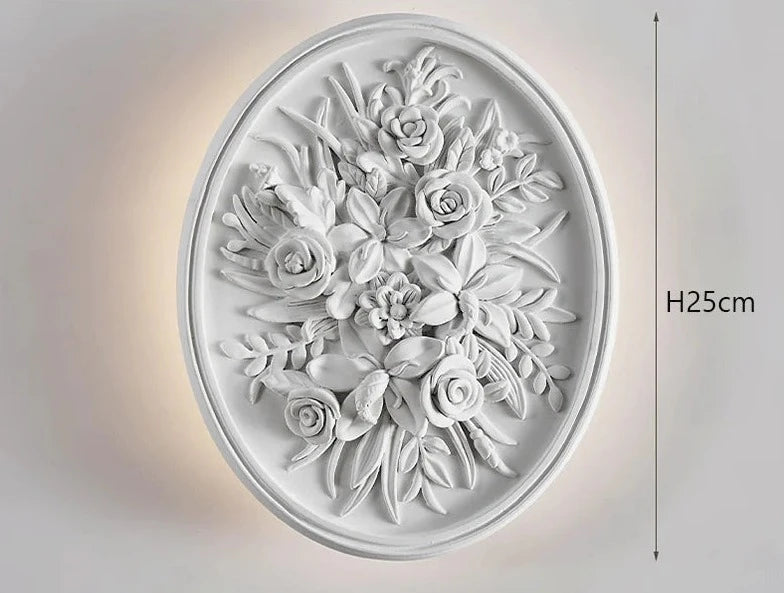 Oval French vintage sconce with detailed floral relief, 25cm height, ideal for classic wall lighting in bedrooms or hallways.
