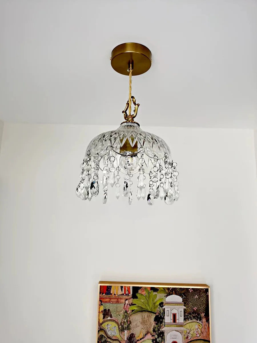 Ceiling-mounted French Vintage Crystal Chandelier - Copper Hanging Lamp above framed artwork, ideal for classic decor.