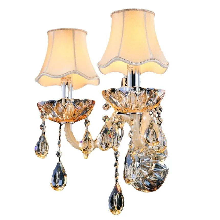 LED Glass Sconce - Twin-shade Modern Crystal Wall Lamp with faceted crystal base and warm LED glow, suitable for decorative home lighting.