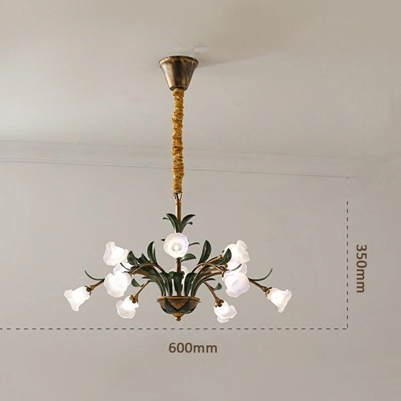 White floral glass French LED Pendant Light with antique brass finish, 600mm wide and 350mm high, perfect for romantic ceiling lighting.