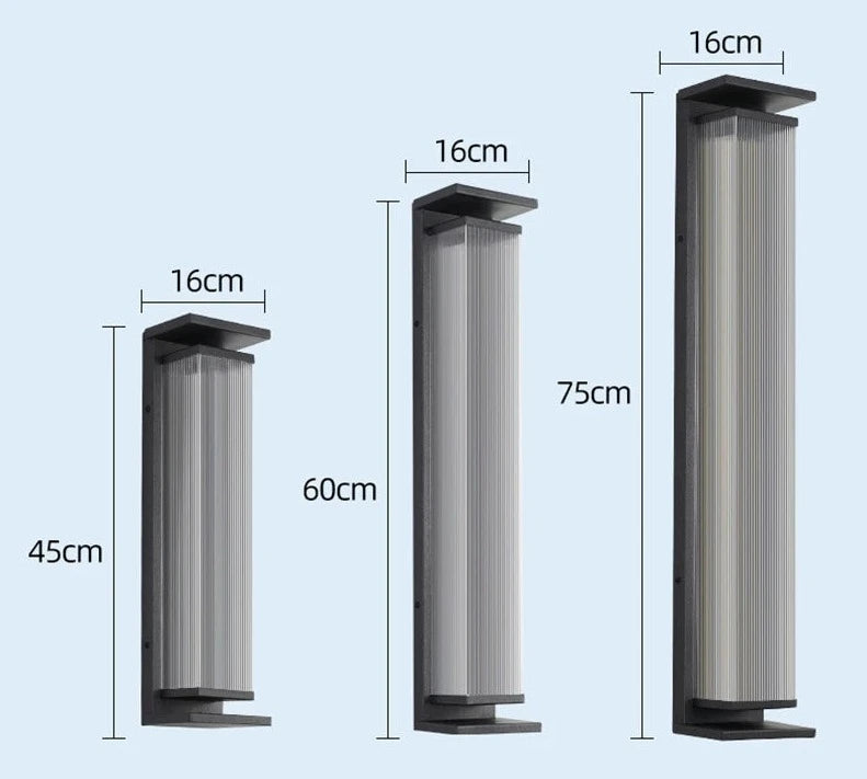 Three size options of stainless steel outdoor wall lamps with IP65 waterproof rating, ideal for various exterior spaces.