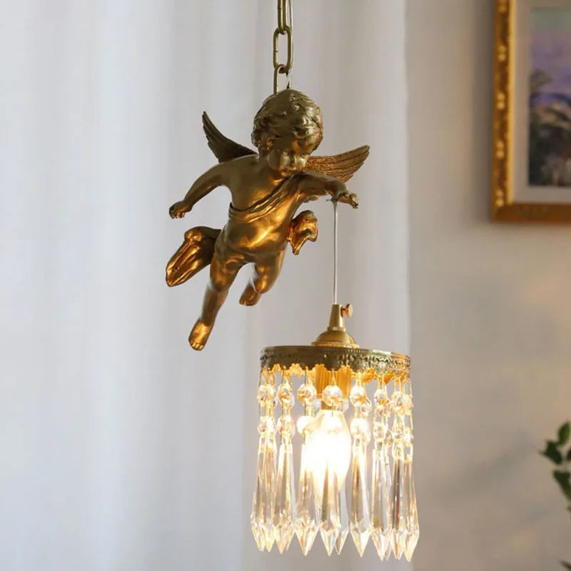 Modern copper angel chandelier with crystal drops and LED bulb, perfect for home decor in porches or hallways.