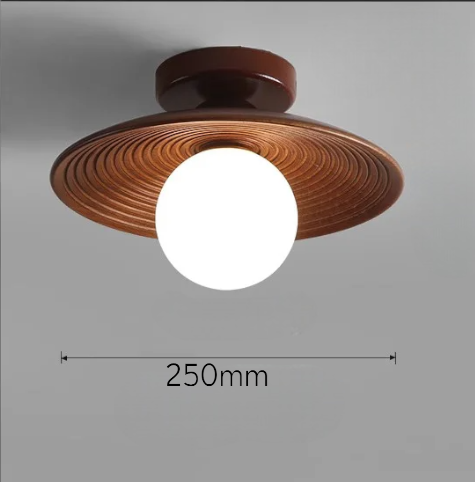 Flush mount ceiling light with walnut wood shade and 250mm diameter, offering a warm and modern lighting solution for any room.