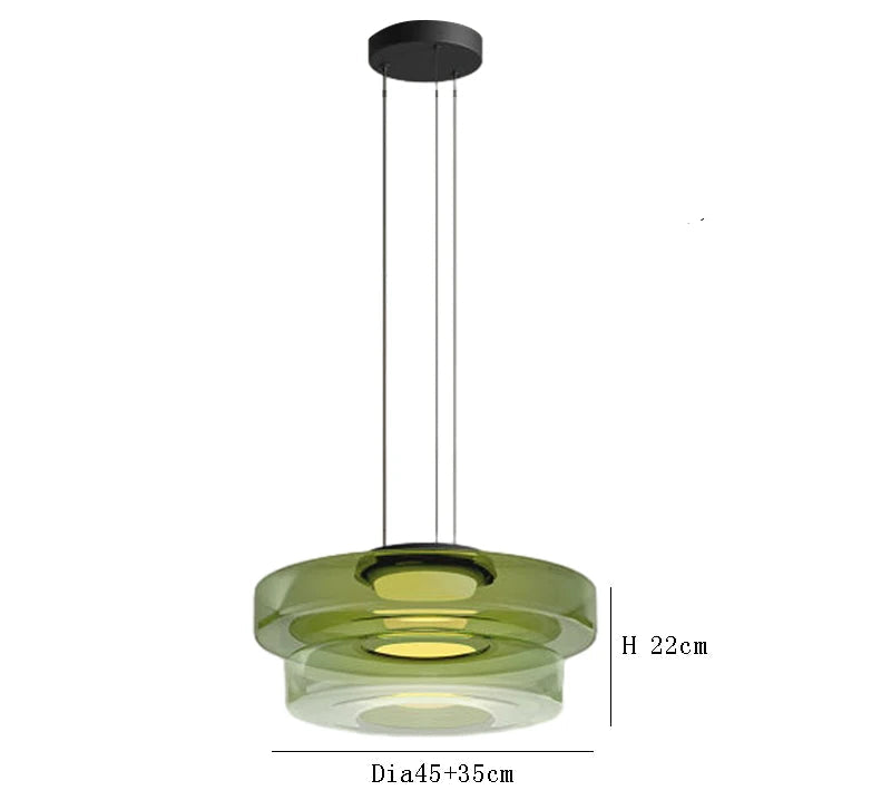 Green two-tier glass pendant light with 45cm and 35cm diameters. LED lighting and adjustable wire for luxury interiors.