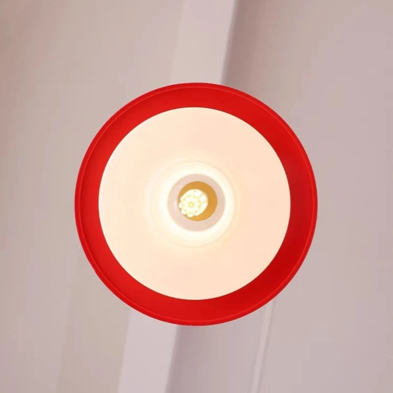 Bottom view of the Vintage Loft LED Chandelier displaying the LED bulb and circular red frame for modern lighting appeal.