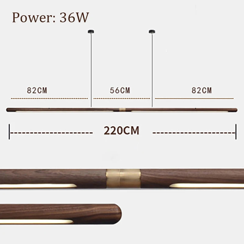 Diagram of 220cm Black Walnut Pendant Light with 36W power, featuring brass accents and LED lighting for large dining areas.