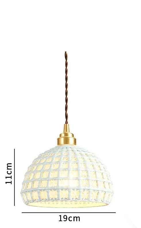 White ceramic LED pendant light by LUXELY with 19cm diameter and 11cm height, great for minimalist ceiling light fixtures.