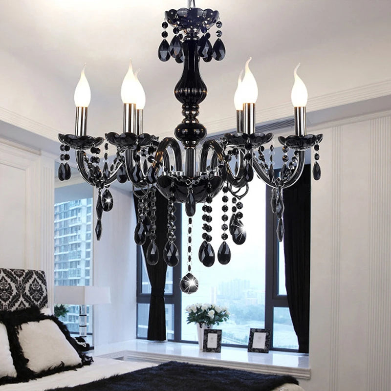 European black crystal chandelier - modern pendant light LED hanging in a contemporary bedroom, enhancing home interior elegance.