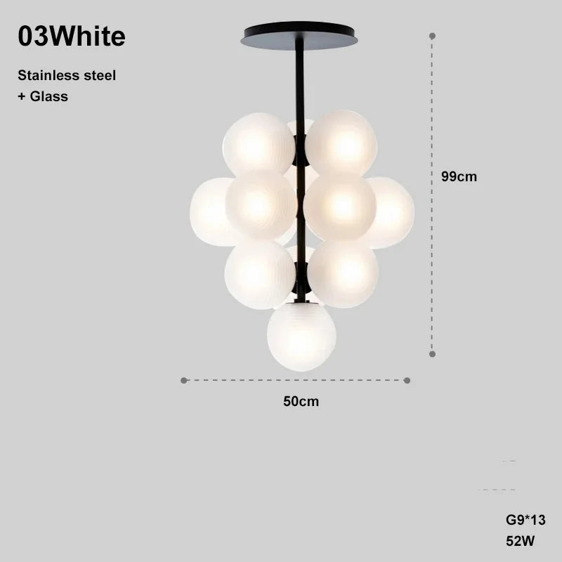 White Grape LED chandelier with 13 frosted glass globes, 99cm tall, offering elegant lighting for bedrooms or lounges.