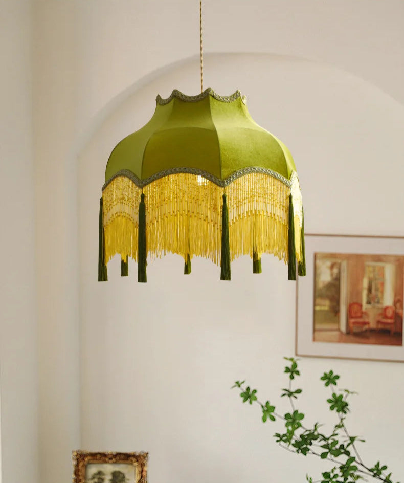 Luxury French velvet tassel chandelier in green with ornate fringe, perfect for classic home lighting in dining or living areas.