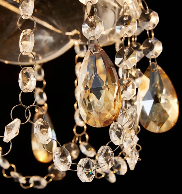 Detailed view of amber and clear crystal drops on LED Crystal Chandelier Art Deco, emphasizing luxury design and high-quality materials.