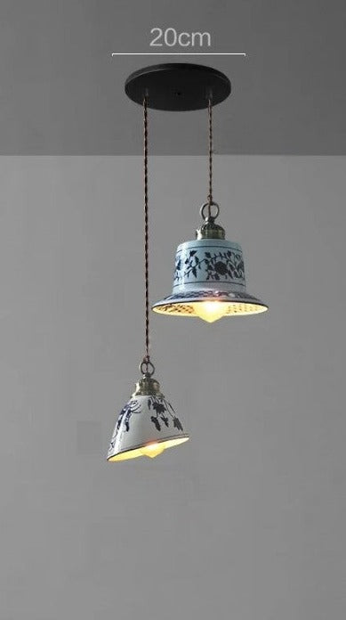 Two ceramic pendant lights with floral patterns on a 20cm mount, ideal for cozy farmhouse kitchen lighting.