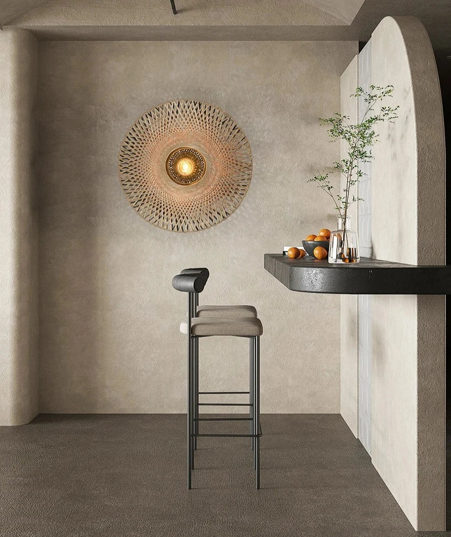 Wabi-sabi bamboo wood wall lamp in a modern minimalist kitchen bar setting, offering warm ambient lighting and natural texture.