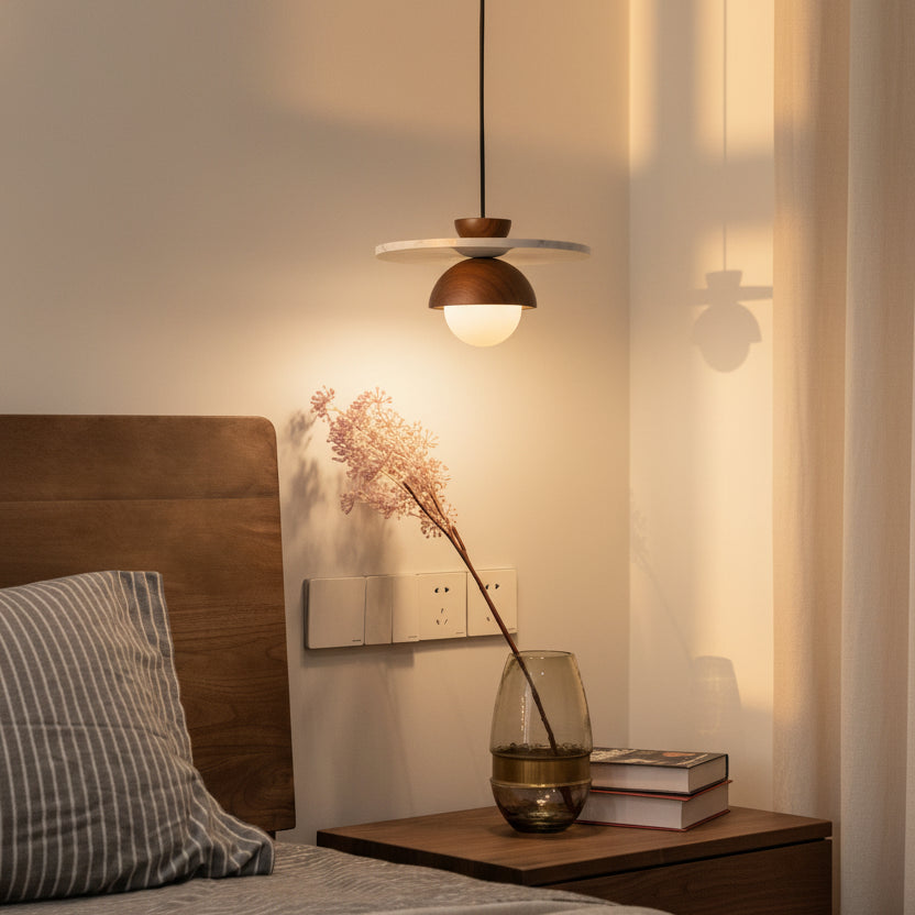 Modern walnut wood pendant light with stone disc above bedside table, perfect for warm ambient bedroom lighting.