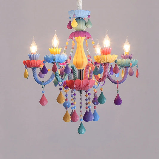 Macaron Chandelier LED Light with colorful arms and teardrop crystals, ideal for baby rooms and playful European-style decor.