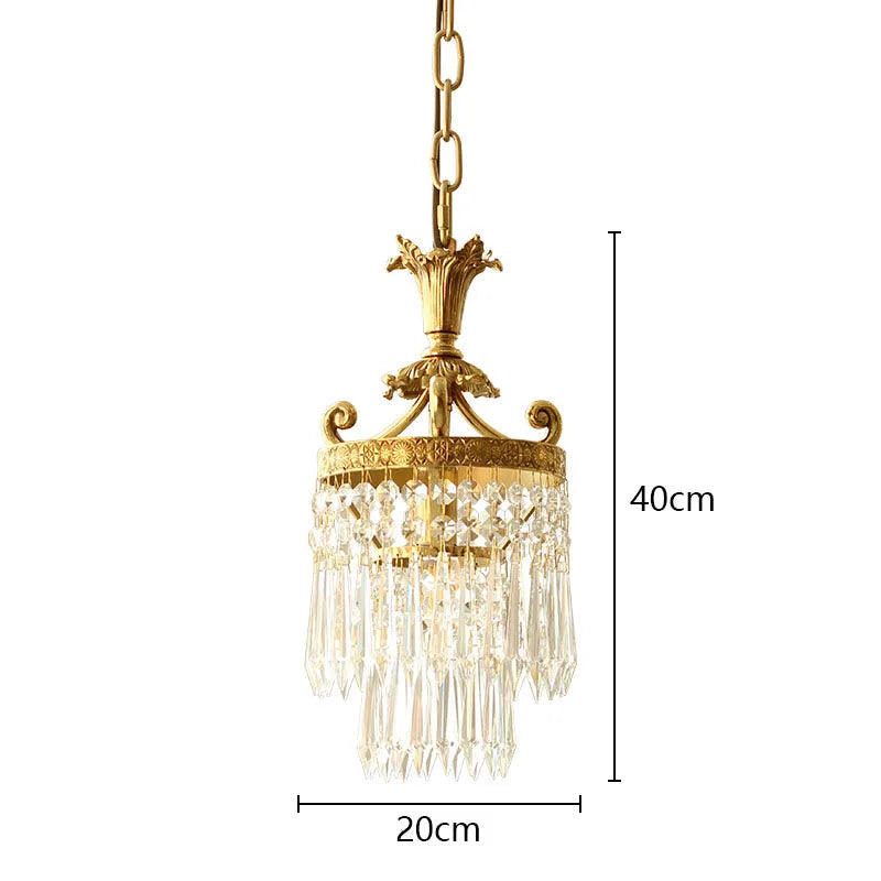 Product dimensions of small copper crystal chandelier with 20cm diameter and 40cm height, designed for versatile home lighting.