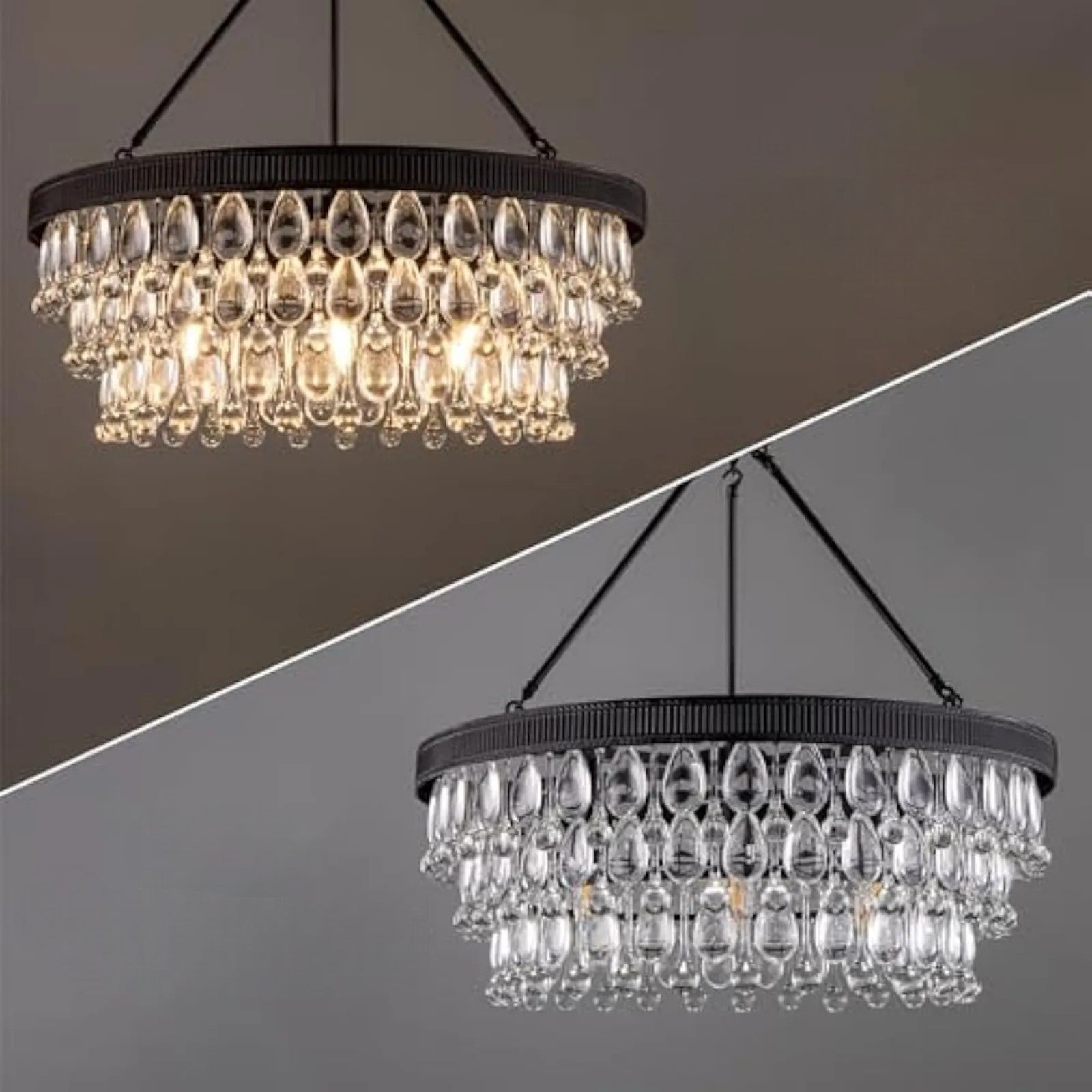 Two lighting modes of modern crystal chandelier with K9 crystals, showing warm and cool light options for versatile interior design.