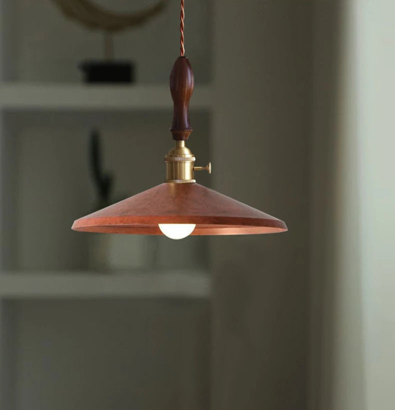 Copper Industrial Brass Pendant Light with wooden handle detail, ideal for rustic-themed bars and dining areas.