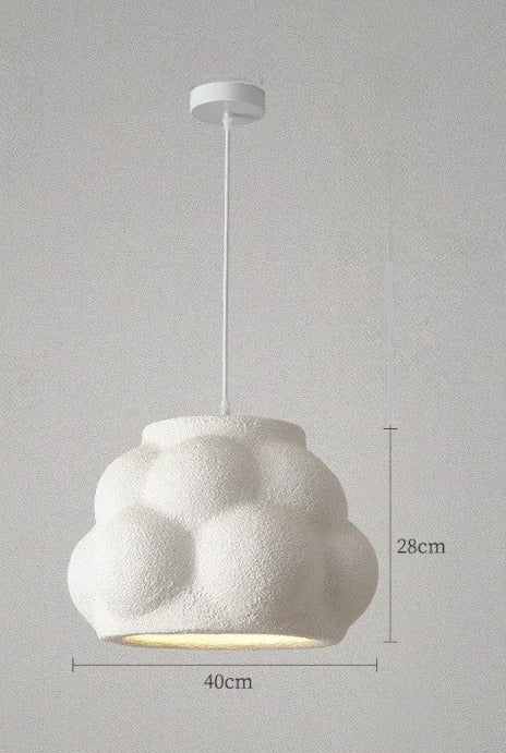 White cloud-shaped pendant light with LED bulb, 28cm tall, perfect for whimsical and modern home lighting.