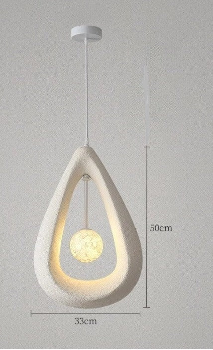 White teardrop pendant light in wabi-sabi style with LED bulb and white ceiling mount, ideal for soft ambient lighting.