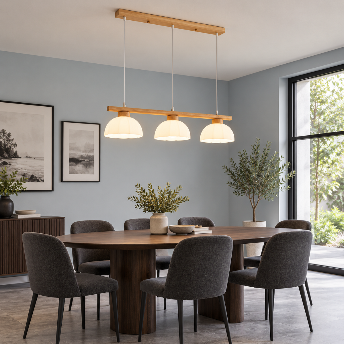 Front view of the wood and white glass pendant in a bright dining room