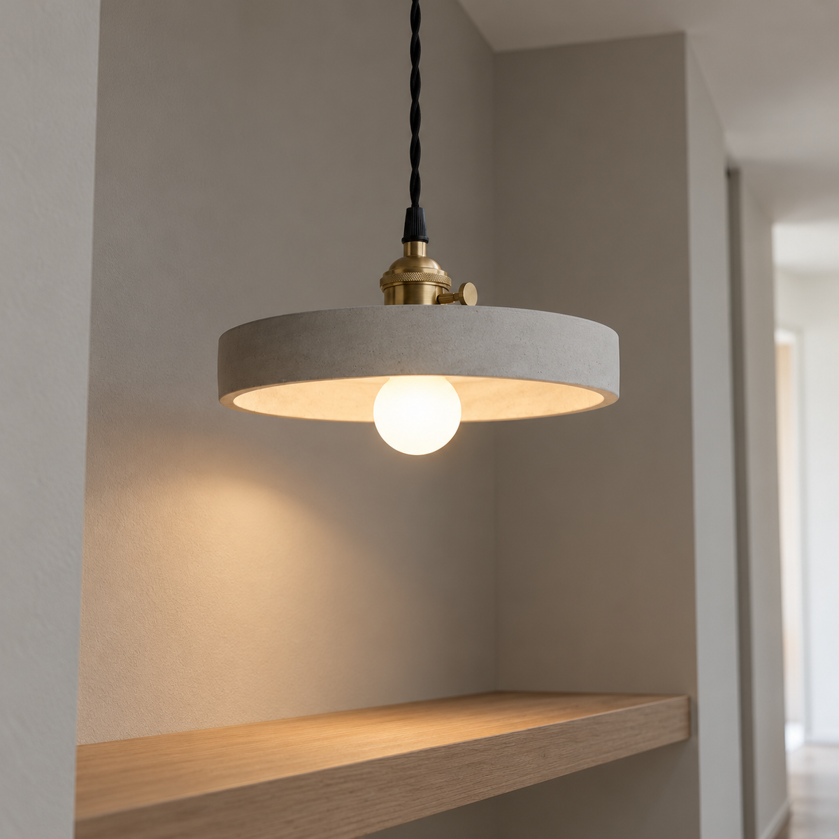 Grey cement-look pendant light in four shade options — commercial, disc