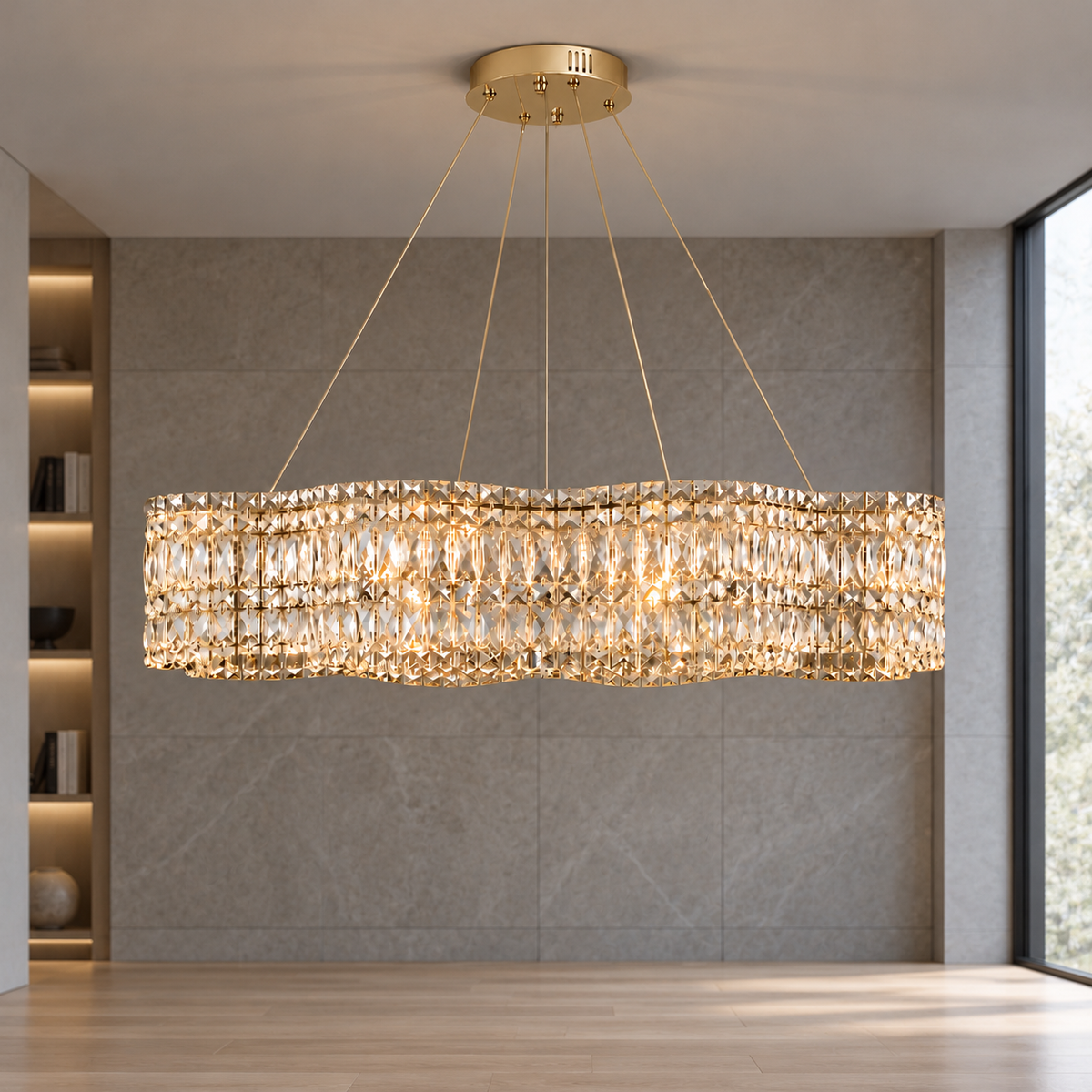 Wavy crystal drum chandelier in chrome or gold — commercial, Gold / 100 cm