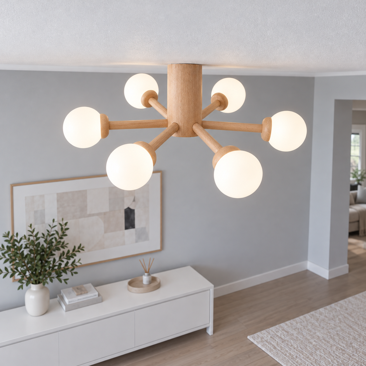 Branching wood ceiling light with frosted glass globes — Wood and white Style B 6 lights, medium upper body installed view, illuminated