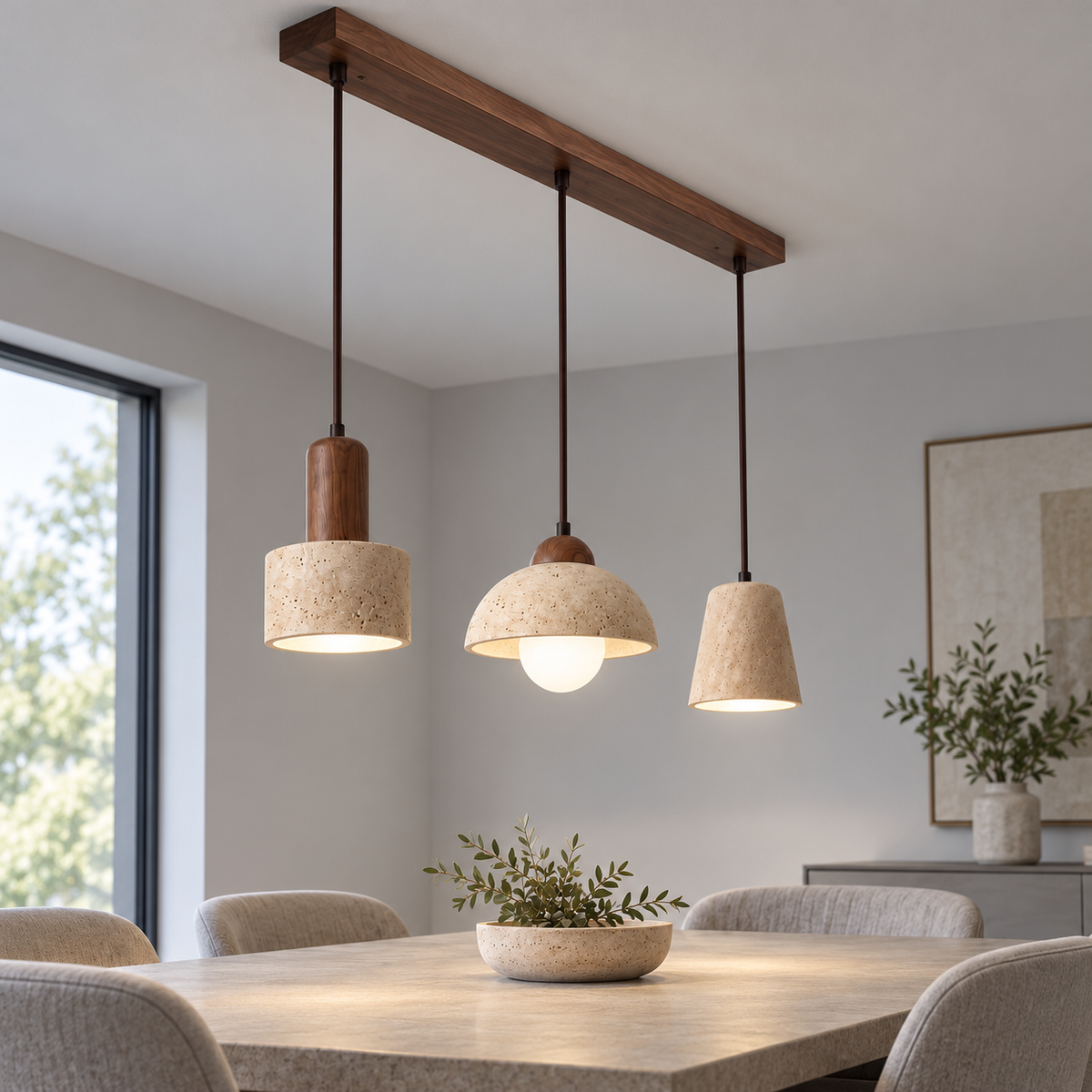 Sculptural travertine pendant with a wooden canopy — mixed three lit, Walnut canopy, THREE MIXED shapes left cylinder central shallow cone with globe right taper