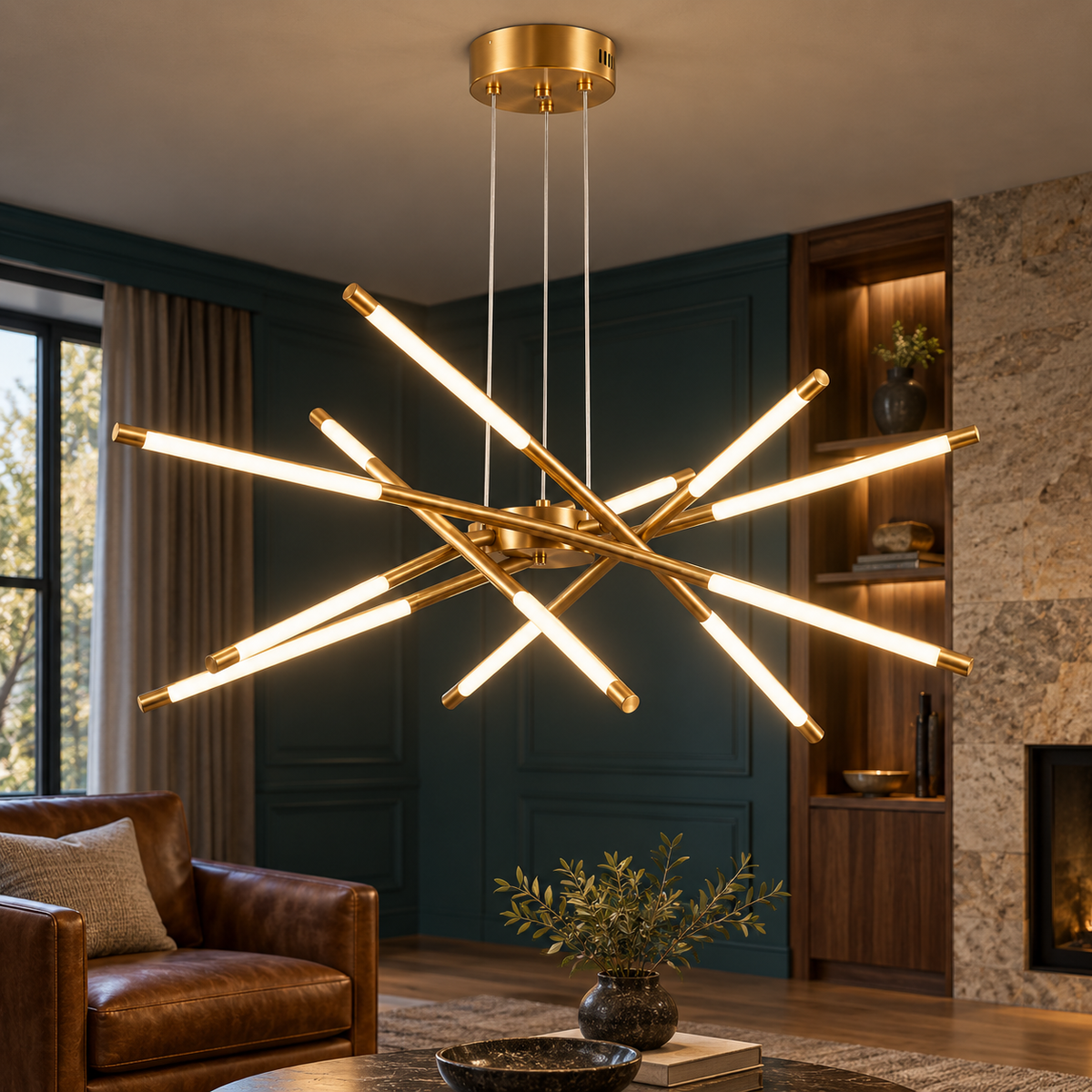 Gold suspended crossed rod chandelier with 12 lights installed in a dark teal sitting room