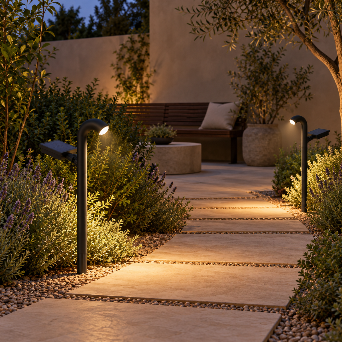 Pair of arched solar path lights leading to a garden seating area