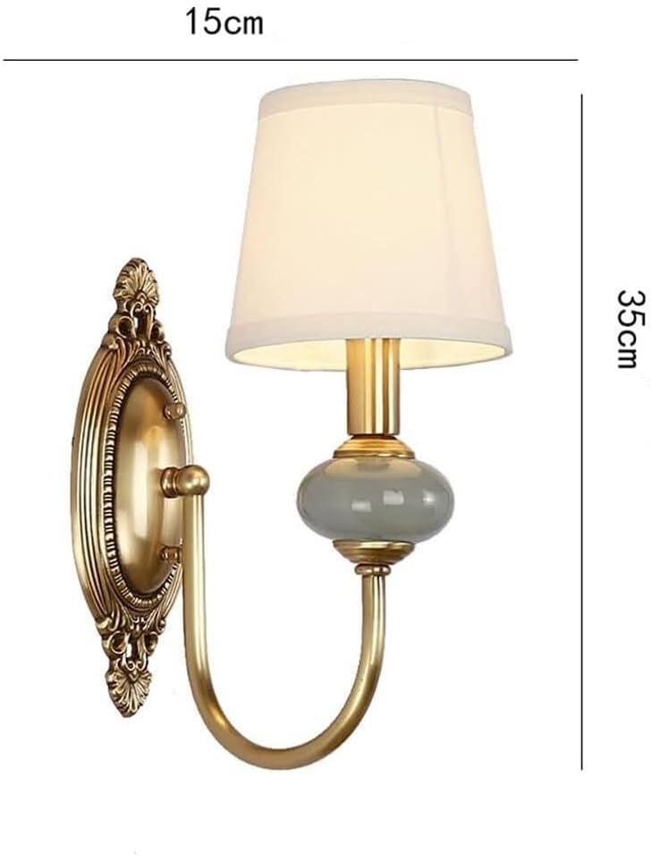 Luxury copper wall lamp LED sconce with fabric shade, 35cm height and 15cm width, ideal for energy-efficient indoor lighting.