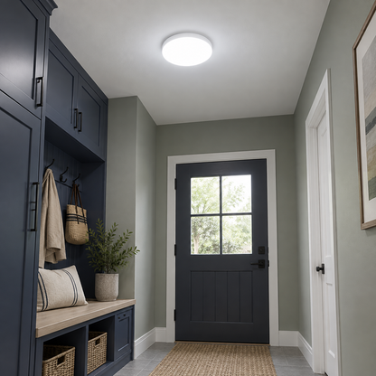 White slim round LED wall and ceiling light, far underside view installed on a ceiling