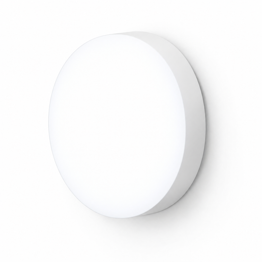 White slim round LED wall and ceiling light, on a pure white background