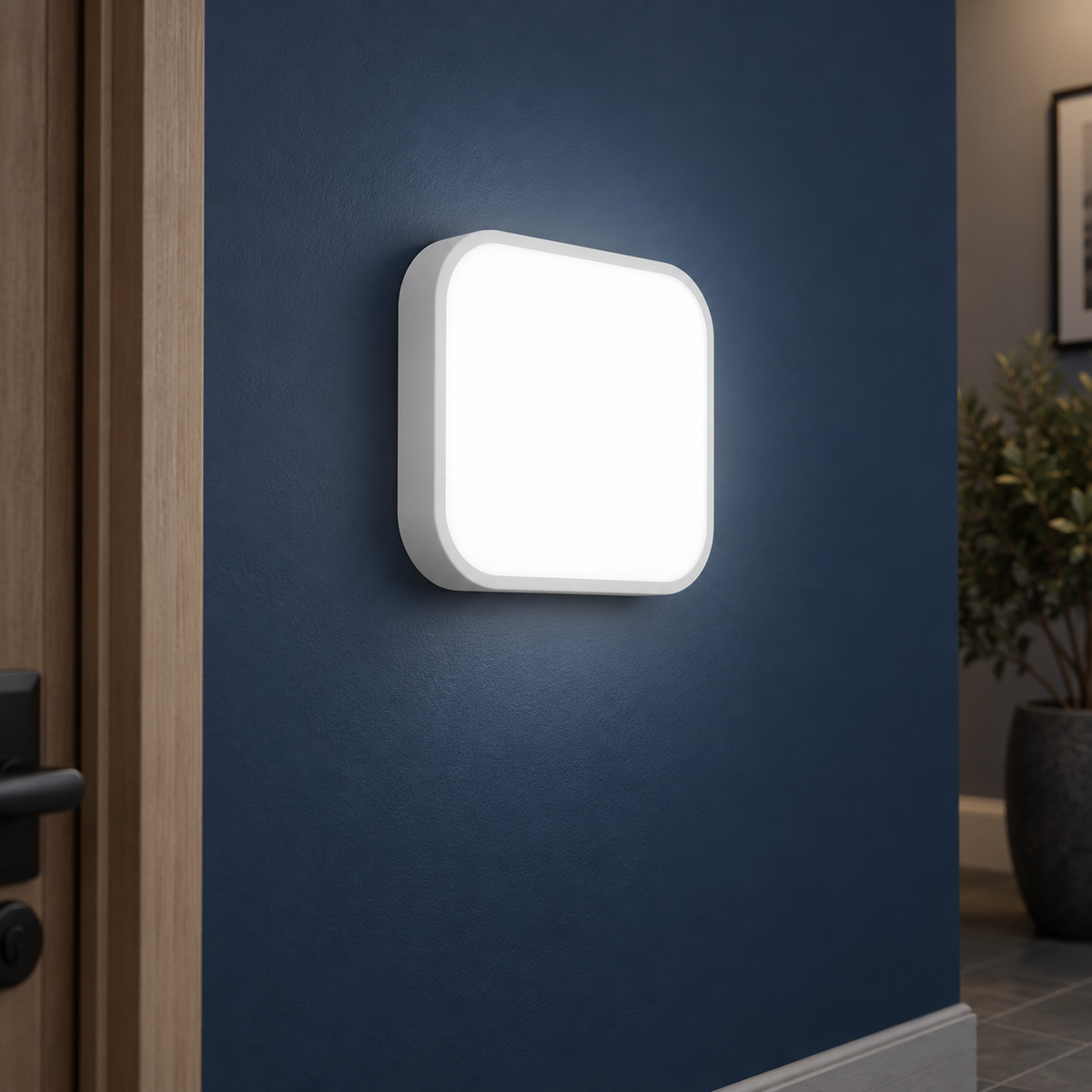 White square, 22 cm LED light, cold light 6000K, installed commercial view