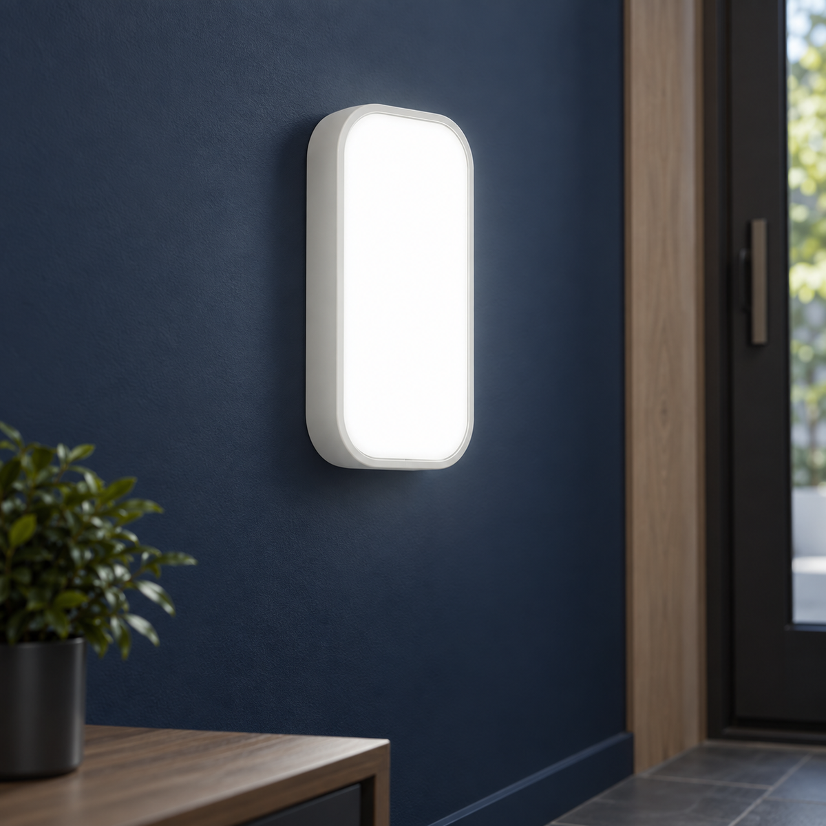 White rounded rectangle, 26 × 14.5 cm LED light, cold light 6000K, installed commercial view