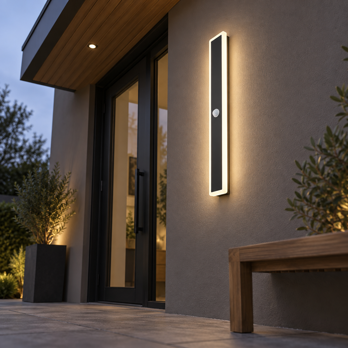Black linear outdoor wall light with motion sensor, far underside view installed outside