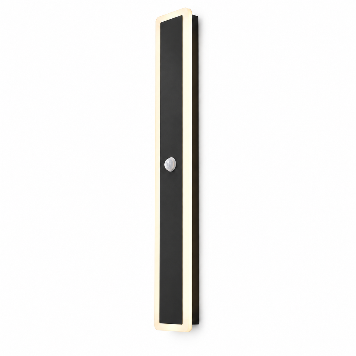 Black linear outdoor wall light with motion sensor, on a pure white background