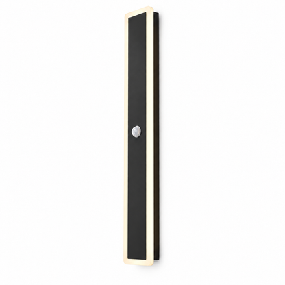 Black linear outdoor wall light with motion sensor, on a pure white background