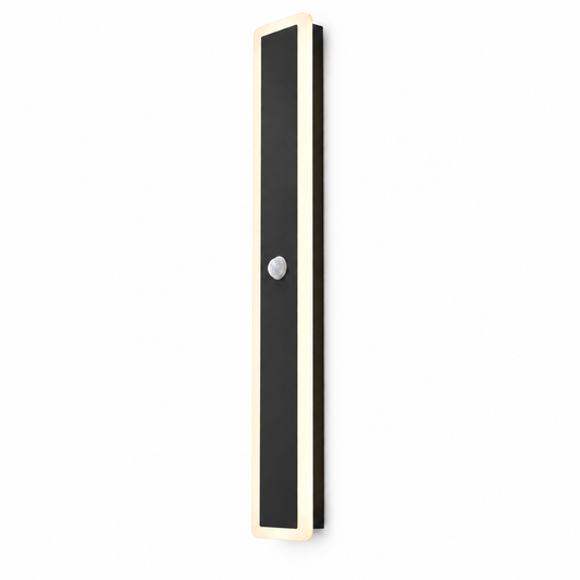 Black linear outdoor wall light with motion sensor, on a pure white background