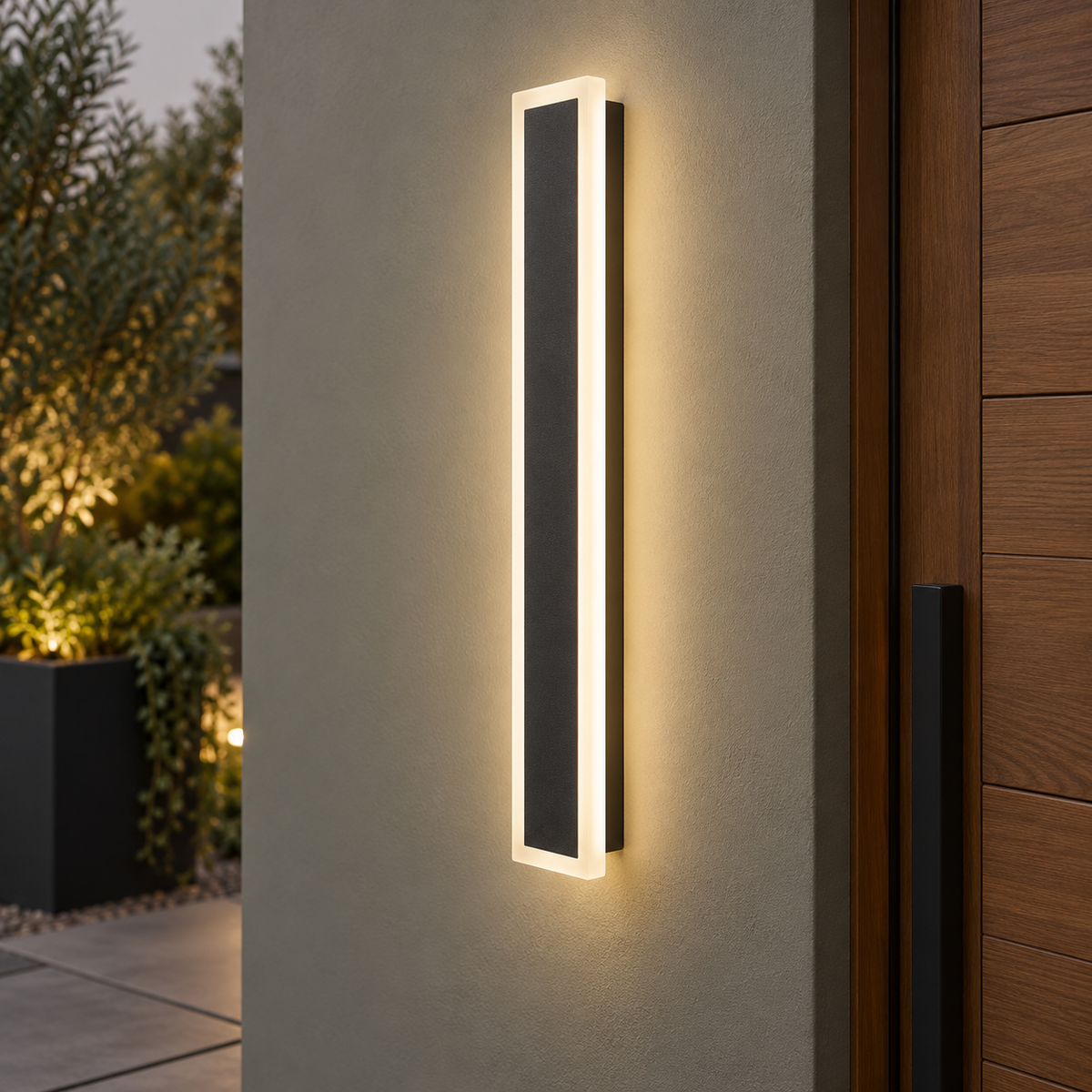 Black linear outdoor wall light without motion sensor, centred installed view