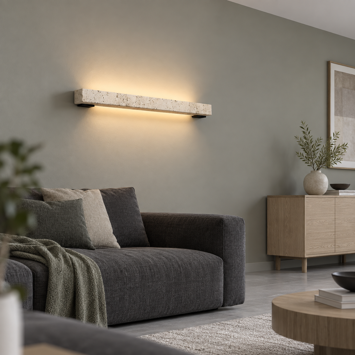 Beige stone LED bar wall light, side view installed in a complete room