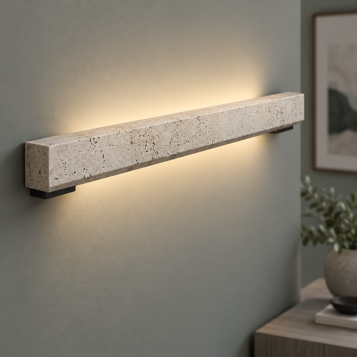 Beige stone LED bar wall light, close-up of the material and edge