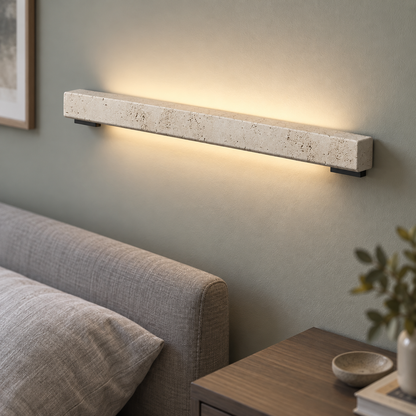 Beige stone LED bar wall light, elevated view while wall mounted